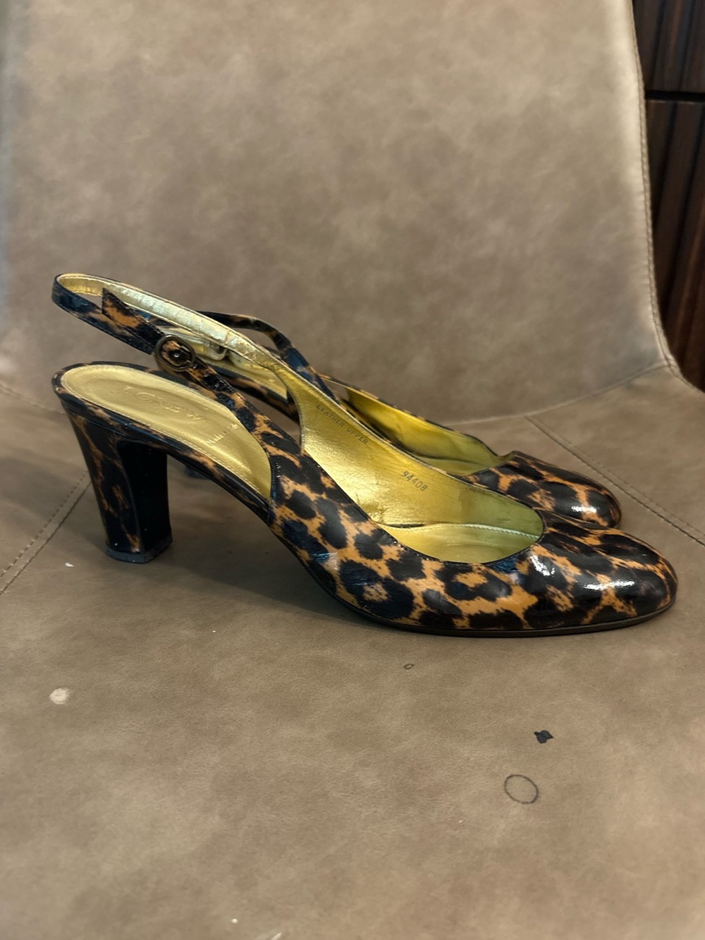 J. Crew black tan cheetah print shiny round toe heels shoes size 11